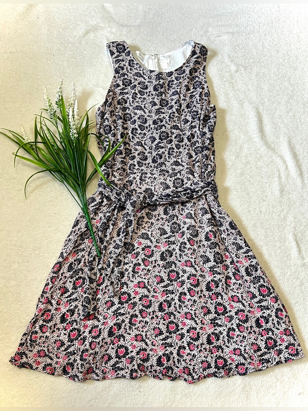 GAP Navy & Pink Floral Tie Waist Fit & Flare Dress - Medium